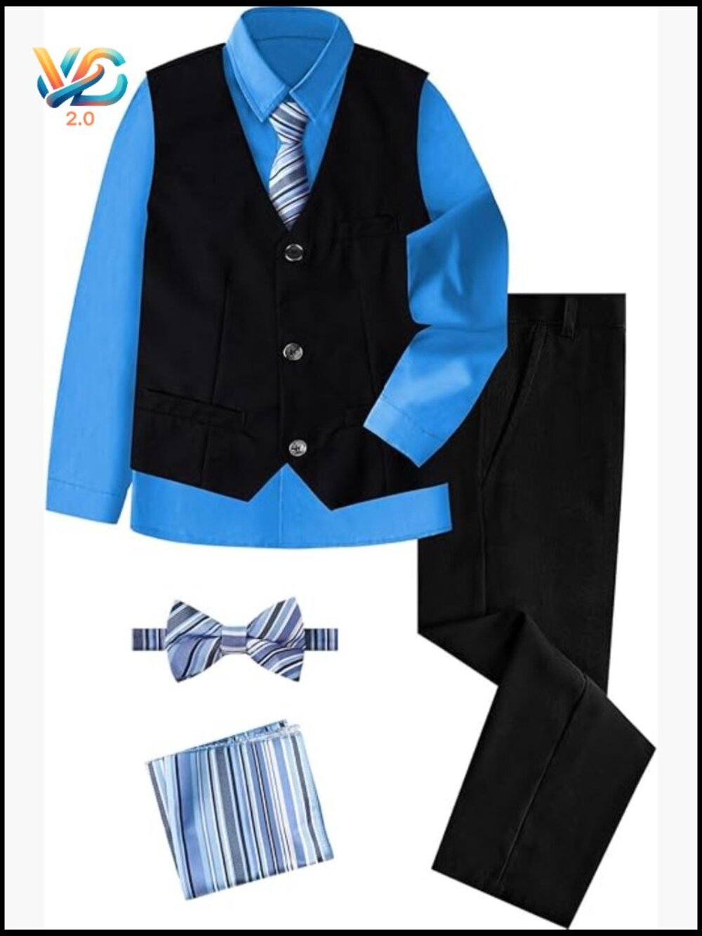 Boys 6-Piece Formal Suit Set Dress Shirts Vest Pants Tie Bowtie Pocket Square